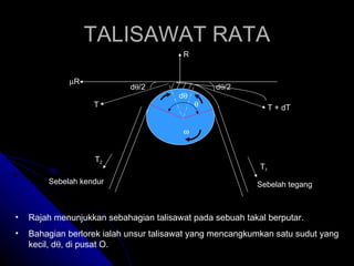 TALISAWAT RATA R  R T d  /2 d  /2 T + dT T 1 T 2 Sebelah kendur Sebelah tegang   d  Rajah menunjukkan sebahagian talisawat pada sebuah takal berputar. Bahagian berlorek ialah unsur talisawat yang mencangkumkan satu sudut yang kecil, d  , di pusat O. 