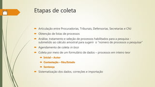 Etapas de coleta
 Articulação entre Procuradorias, Tribunais, Defensorias, Secretarias e CNJ
 Obtenção de listas de processos
 Análise, tratamento e seleção de processos habilitados para a pesquisa -
submetido ao cálculo amostral para sugerir o “número de processos a pesquisar”
 Agendamento de coleta in loco
 Coleta por meio de um formulário de dados – processos em inteiro teor
 Inicial – Autor
 Contestação – Réu/Estado
 Sentença
 Sistematização dos dados, correções e importação
 