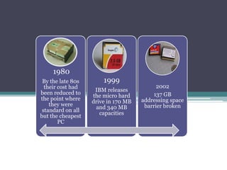 1980
By the late 80s
their cost had
been reduced to
the point where
they were
standard on all
but the cheapest
PC
1999
IBM releases
the micro hard
drive in 170 MB
and 340 MB
capacities
2002
137 GB
addressing space
barrier broken
 