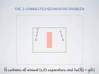 The 2-connected Separator Problem




H  contains  all  minimal  (s,t)  separators  and  tw(H)  =  g(k)
 