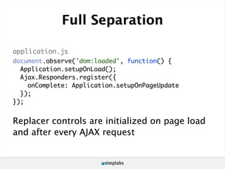 Full Separation

application.js
document.observe('dom:loaded', function() {
  Application.setupOnLoad();
  Ajax.Responders.register({
    onComplete: Application.setupOnPageUpdate
  });
});


Replacer controls are initialized on page load
and after every AJAX request
 
