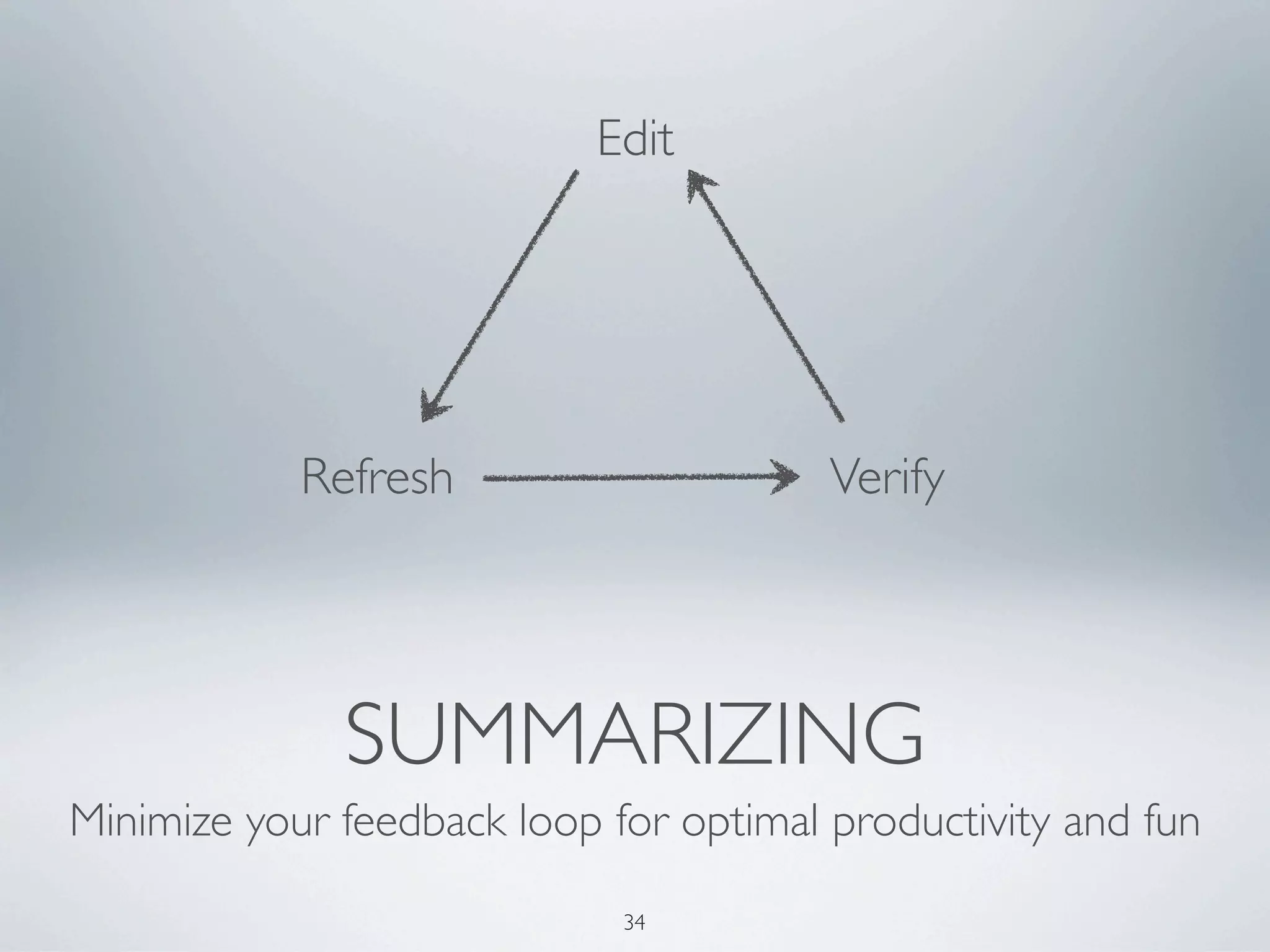 Edit




            Refresh                     Verify




              SUMMARIZING
Minimize your feedback loop for optimal productivity and fun

                             34
 