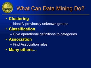 What Can Data Mining Do? Clustering Identify previously unknown groups Classification Give operational definitions to categories Association Find Association rules Many others… 