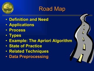 Road Map Definition and Need Applications Process Types  Example: The Apriori Algorithm State of Practice Related Techniques Data Preprocessing 