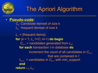 The Apriori Algorithm Pseudo-code : C k : Candidate itemset of size k L k  : frequent itemset of size k L 1  = {frequent items}; for   ( k  = 1;  L k  !=  ;  k ++)  do begin C k+1  = candidates generated from  L k ; for each  transaction  t  in database  do increment the count of all candidates in  C k+1   that are contained in  t L k+1   = candidates in  C k+1  with min_support end return    k   L k ; 