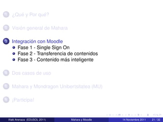 1        ´         ´
      ¿Que y Por que?

2         ´
      Vision general de Mahara

3              ´
      Integracion con Moodle
         Fase 1 - Single Sign On
         Fase 2 - Transferencia de contenidos
                               ´
         Fase 3 - Contenido mas inteligente

4     Dos casos de uso

5     Mahara y Mondragon Unibertsitatea (MU)

6     ¡Participa!


     ˜
    Inaki Arenaza (EDUSOL 2011)   Mahara y Moodle   14 Noviembre 2011   21 / 32
 