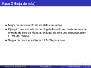 Fase 3 (hoja de ruta)




     Mejor reconocimiento de los datos entrantes.
     Ejemplo: una entrada de un blog de Moodle se convierte en una
                                             ´                   ´
     entrada de blog de Mahara, en lugar de solo una representacion
     HTML del mismo.
                           ´
     Seguir de cerca el estandar LEAP2A para esto.




  ˜
 Inaki Arenaza (EDUSOL 2011)   Mahara y Moodle      14 Noviembre 2011   24 / 32
 