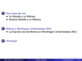 4     Dos casos de uso
        Un Moodle y un Mahara
        Muchos Moodle y un Mahara


5     Mahara y Mondragon Unibertsitatea (MU)
        La hoja de ruta de Mahara en Mondragon Unibertsitatea (MU)


6     ¡Participa!




     ˜
    Inaki Arenaza (EDUSOL 2011)   Mahara y Moodle    14 Noviembre 2011   3 / 32
 