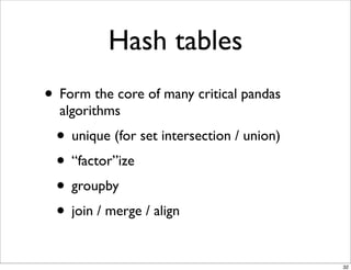 Hash tables
• Form the core of many critical pandas
  algorithms
 • unique (for set intersection / union)
 • “factor”ize
 • groupby
 • join / merge / align

                                           32
 