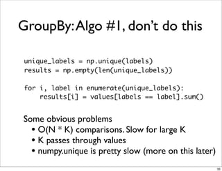 GroupBy: Algo #1, don’t do this

 unique_labels = np.unique(labels)
 results = np.empty(len(unique_labels))

 for i, label in enumerate(unique_labels):
     results[i] = values[labels == label].sum()


Some obvious problems
  • O(N * K) comparisons. Slow for large K
  • K passes through values
  • numpy.unique is pretty slow (more on this later)
                                                       35
 
