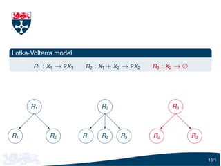 Lotka-Volterra model

       R1 : X1 → 2X1   R2 : X1 + X2 → 2X2   R3 : X2 → ∅




                              
      R1             R2            R3
                              
       d             d              d
 ‚        d        d       
         d              d             d
   ©
          d       ©   c ‚       ©
                                       ‚
R1          R2 R1    R2   R3 R2         R3
        

                                                          15/1
 