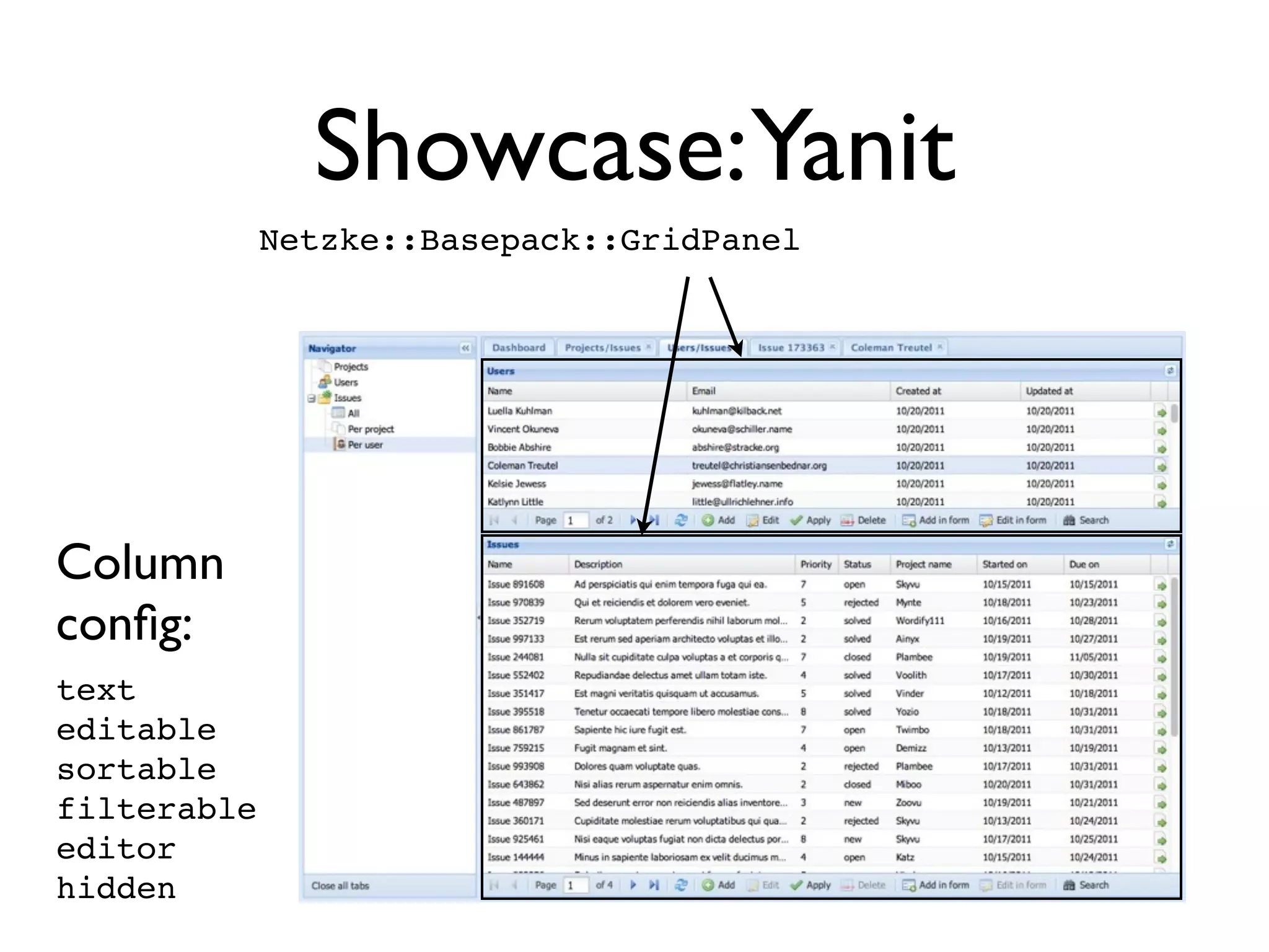 Showcase:Yanit
             Netzke::Basepack::GridPanel




Column
conﬁg:
text
editable
sortable
filterable
editor
hidden
 