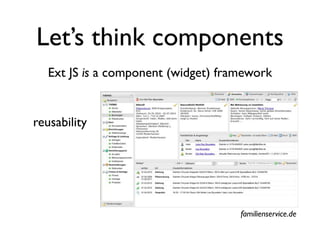 Let’s think components
   Ext JS is a component (widget) framework


reusability




                                     familienservice.de
 