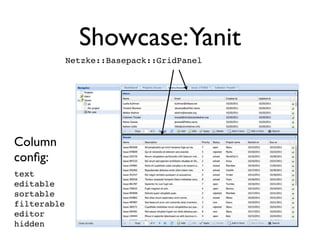 Showcase:Yanit
             Netzke::Basepack::GridPanel




Column
conﬁg:
text
editable
sortable
filterable
editor
hidden
 