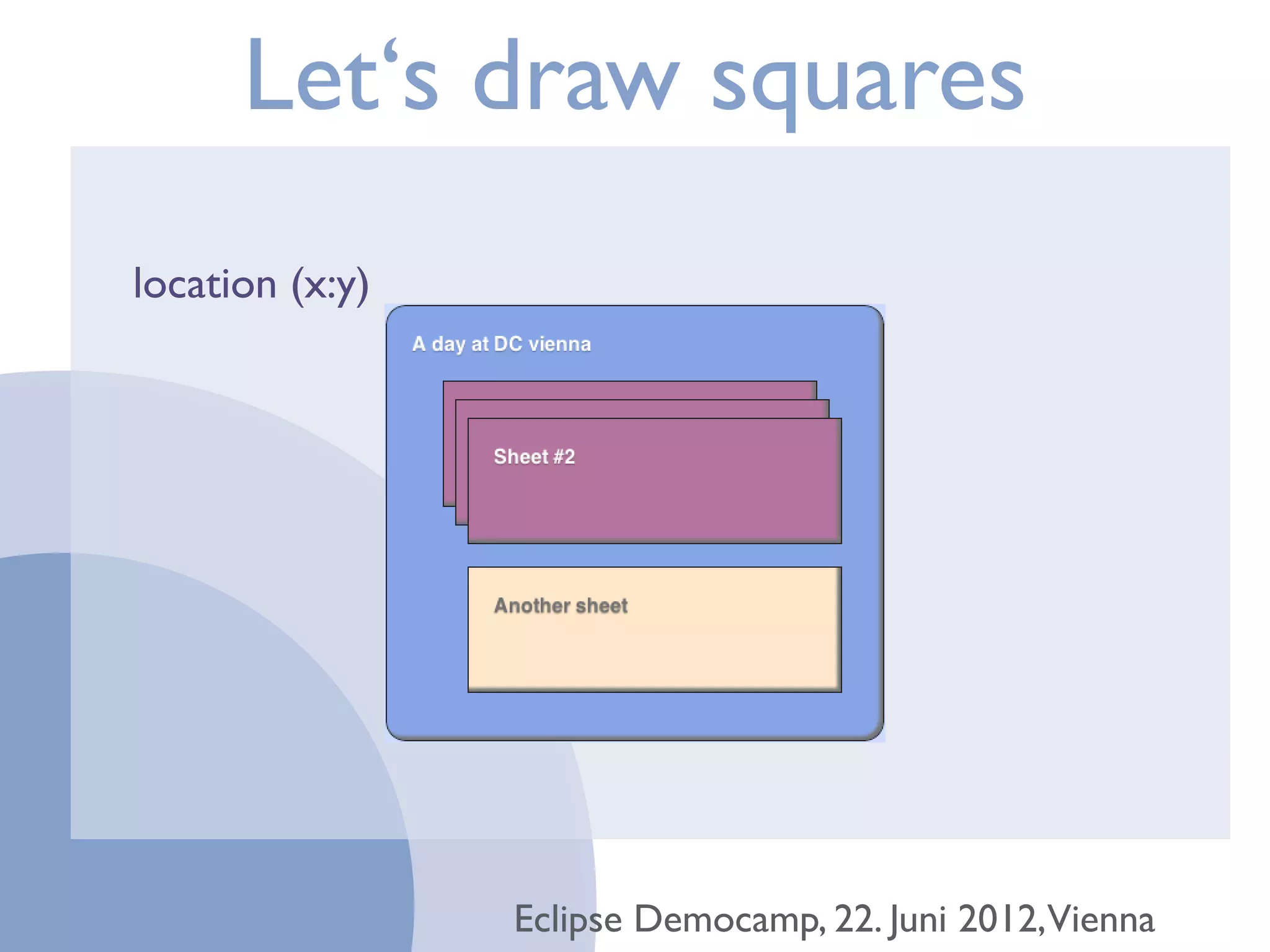 Let‘s draw squares
location (x:y)




                 Eclipse Democamp, 22. Juni 2012,Vienna
 
