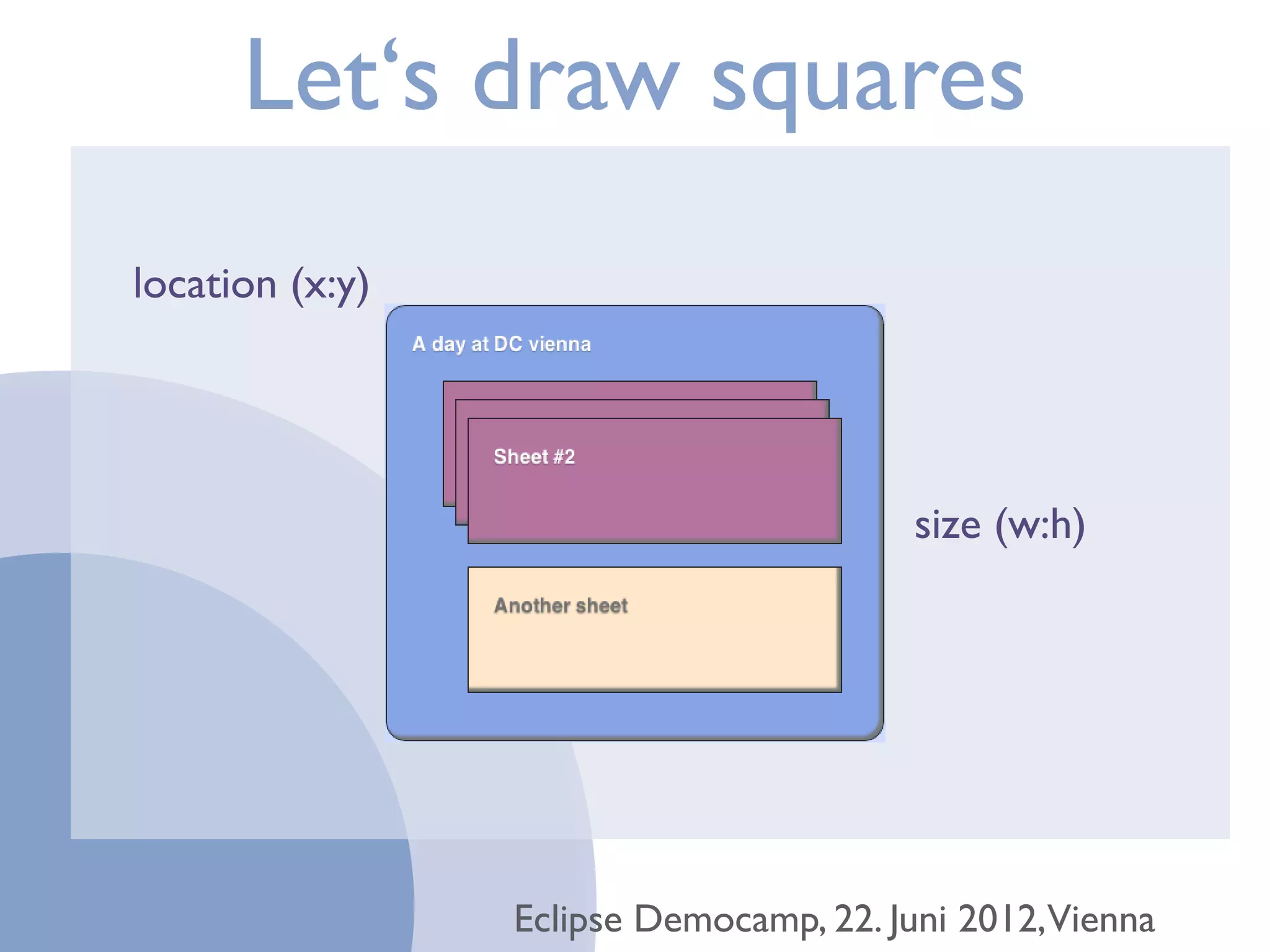 Let‘s draw squares
location (x:y)




                                        size (w:h)




                 Eclipse Democamp, 22. Juni 2012,Vienna
 