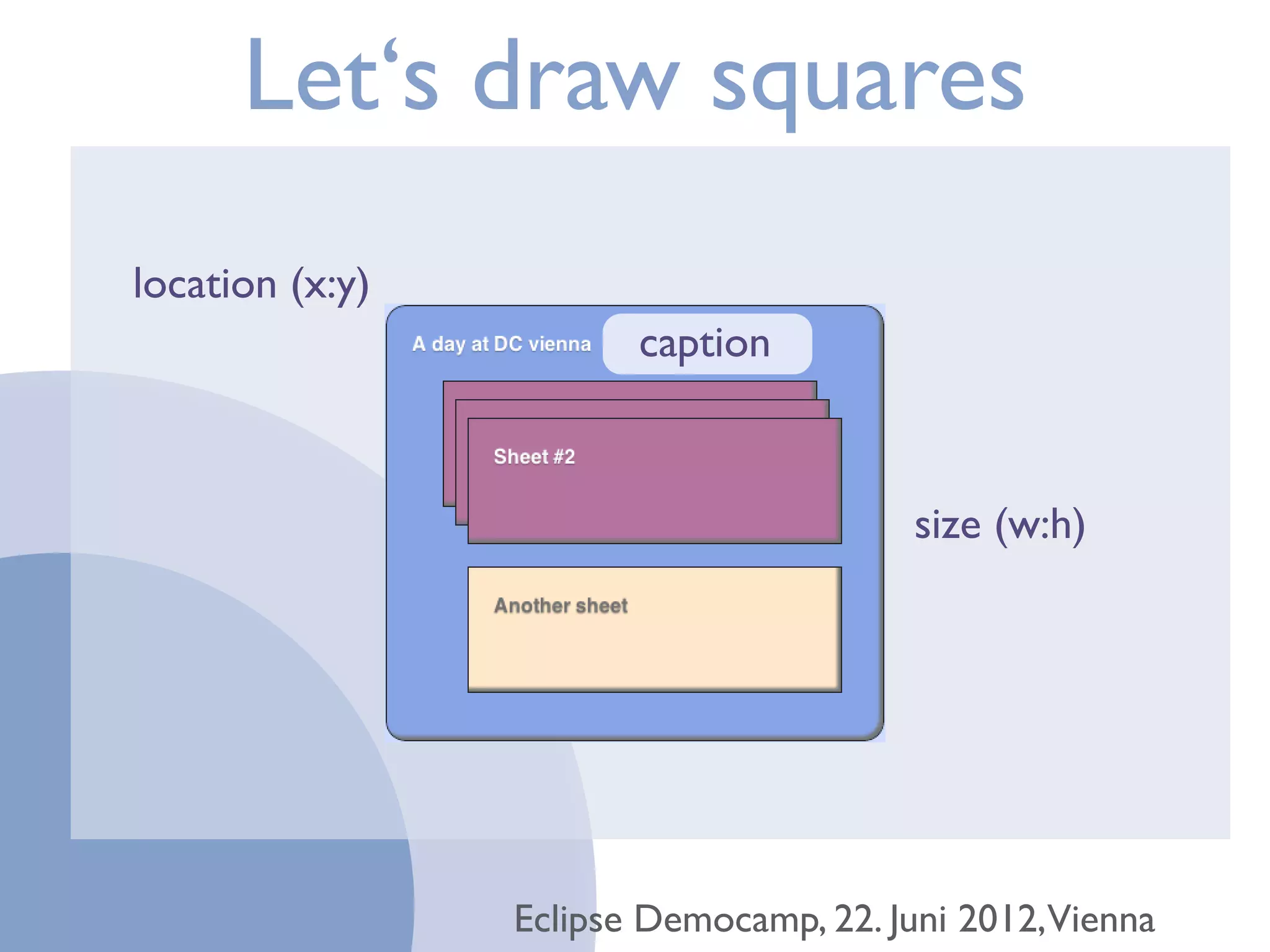 Let‘s draw squares
location (x:y)
                        caption



                                        size (w:h)




                 Eclipse Democamp, 22. Juni 2012,Vienna
 