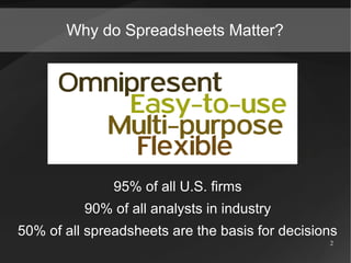 Why do Spreadsheets Matter?




               95% of all U.S. firms
          90% of all analysts in industry
50% of all spreadsheets are the basis for decisions
                                                 2
 