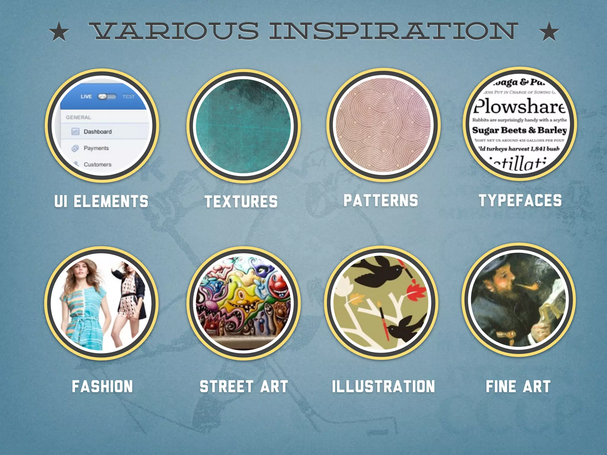 various inspiration




UI Elements   Textures      Patterns      Typefaces




  Fashion     Street art   illustration   Fine art
 