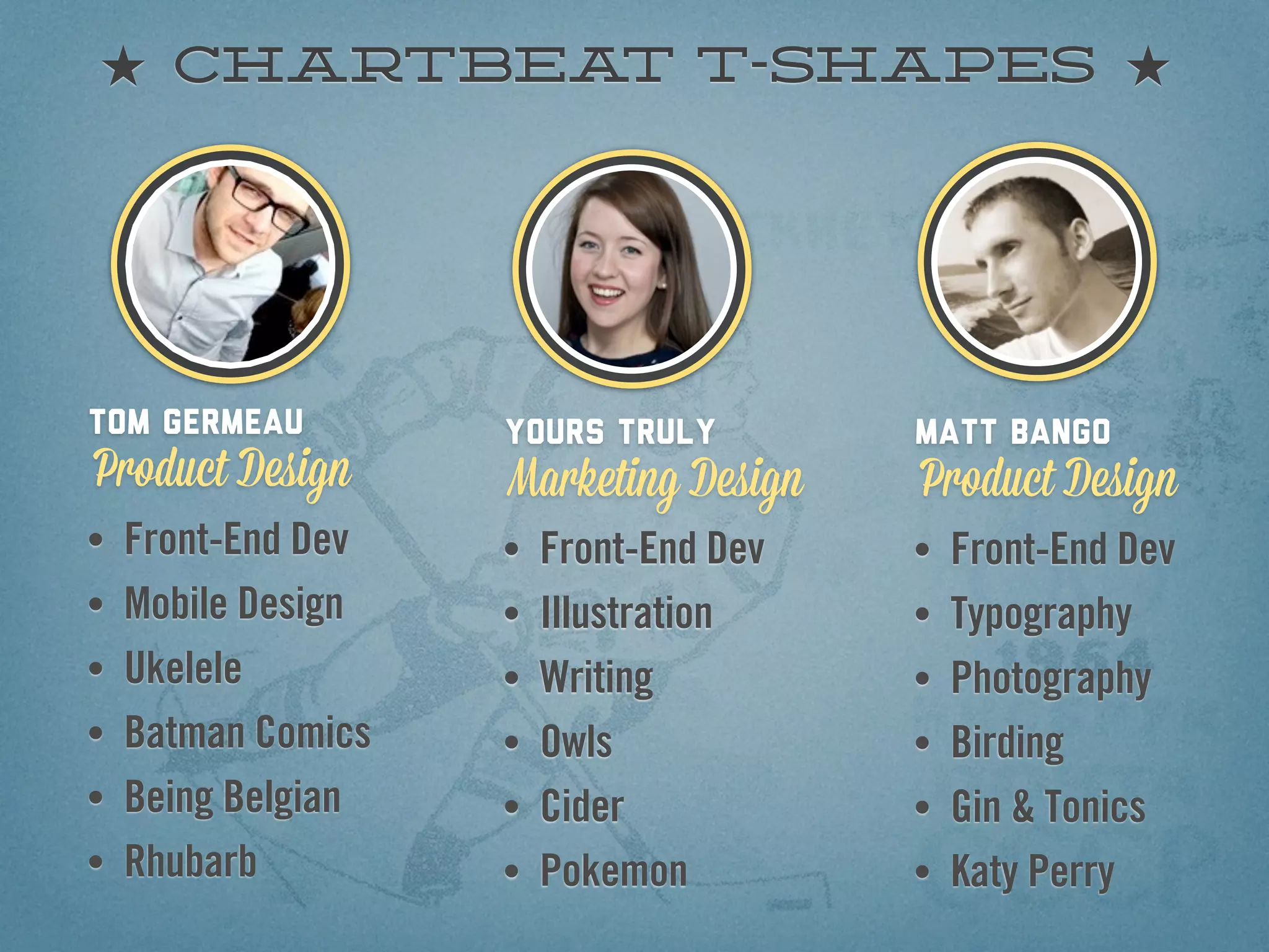 Chartbea t-shapes
              t




Tom Germeau         Yours truly         Matt Bango
Product Design      Marketing Design    Product Design
•   Front-End Dev   •   Front-End Dev   •   Front-End Dev
•   Mobile Design   •   Illustration    •   Typography
•   Ukelele         •   Writing         •   Photography
•   Batman Comics   •   Owls            •   Birding
•   Being Belgian   •   Cider           •   Gin & Tonics
•   Rhubarb         •   Pokemon         •   Katy Perry
 