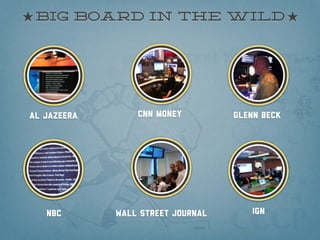 big board in the wild




Al Jazeera       CNN MOney         Glenn Beck




   NBC       Wall street journal       IGN
 
