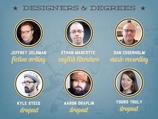 designers & degrees




Jeffrey zeldman    Ethan Marcotte       Dan Cederholm
fiction writing   english literature   music recording




  Kyle steed        Aaron draplin        Yours truly

    dropout           dropout             dropout
 