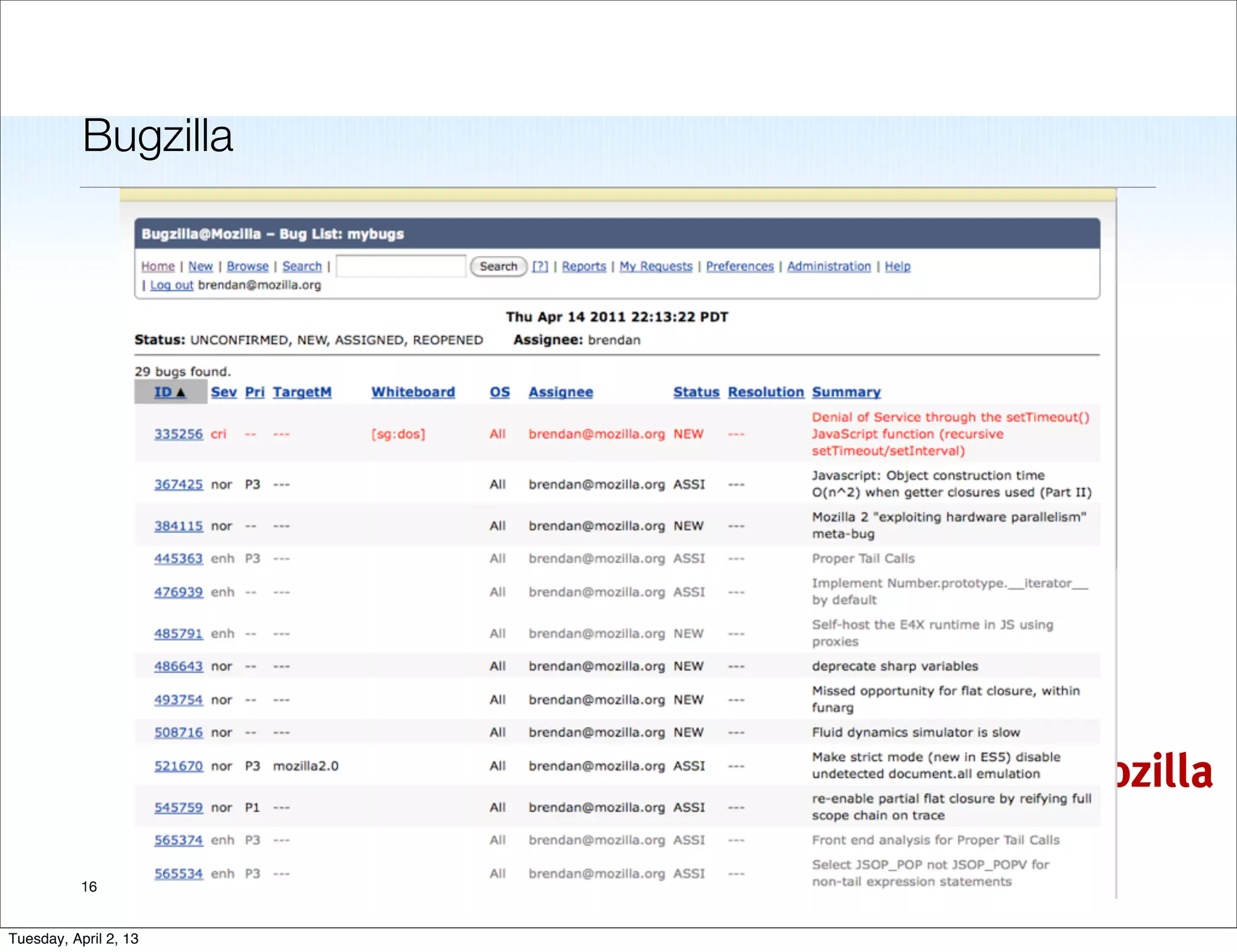 Bugzilla




                       mozilla

           16


Tuesday, April 2, 13
 