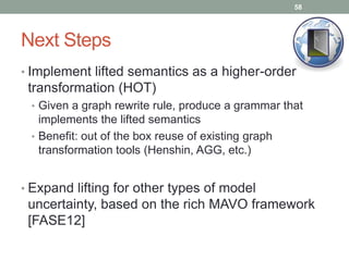 Next Steps
• Implement lifted semantics as a higher-order
transformation (HOT)
• Given a graph rewrite rule, produce a gra...