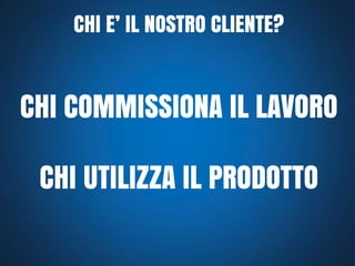 CHI E’ IL NOSTRO CLIENTE?

CHI COMMISSIONA IL LAVORO
CHI UTILIZZA IL PRODOTTO

 