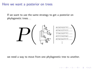 Here we want a posterior on trees
If we want to use the same strategy to get a posterior on
phylogenetic trees. . .
ACATGG...