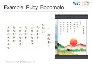 Example: Ruby, Bopomofo
Presentation by Bobby Tung, W3C Workshop, June 2013
 