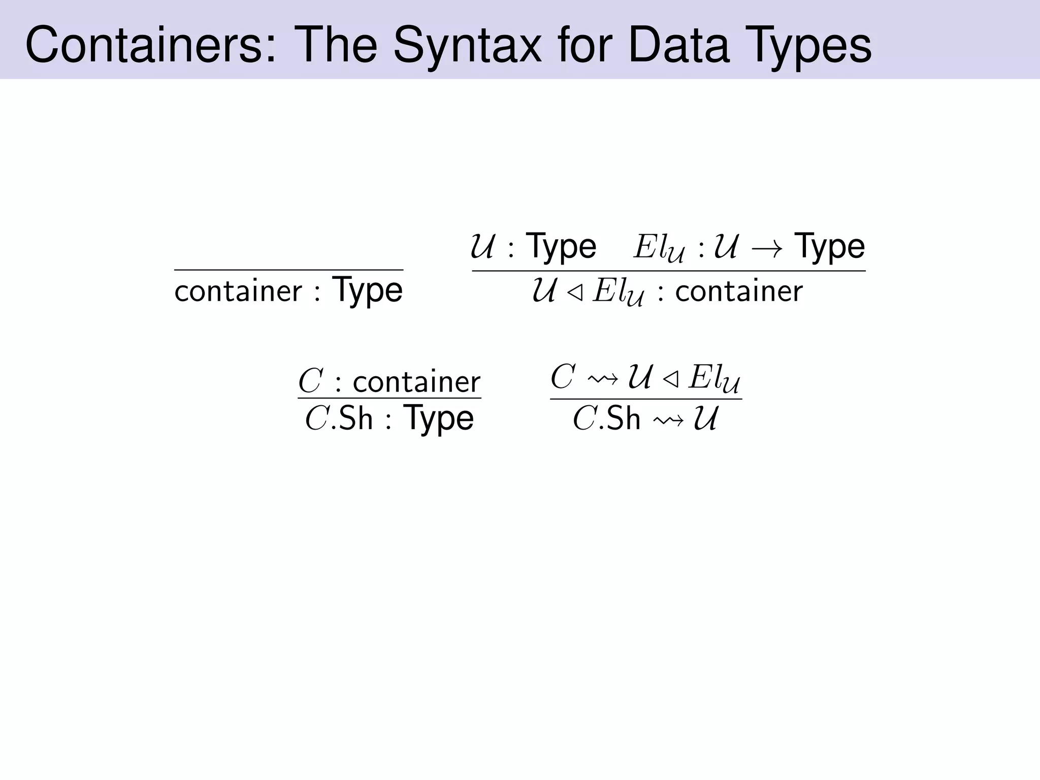 Containers: The Syntax for Data Types
container : Type
U : Type ElU : U → Type
U ElU : container
C : container
C.Sh : Type
C U ElU
C.Sh U
 