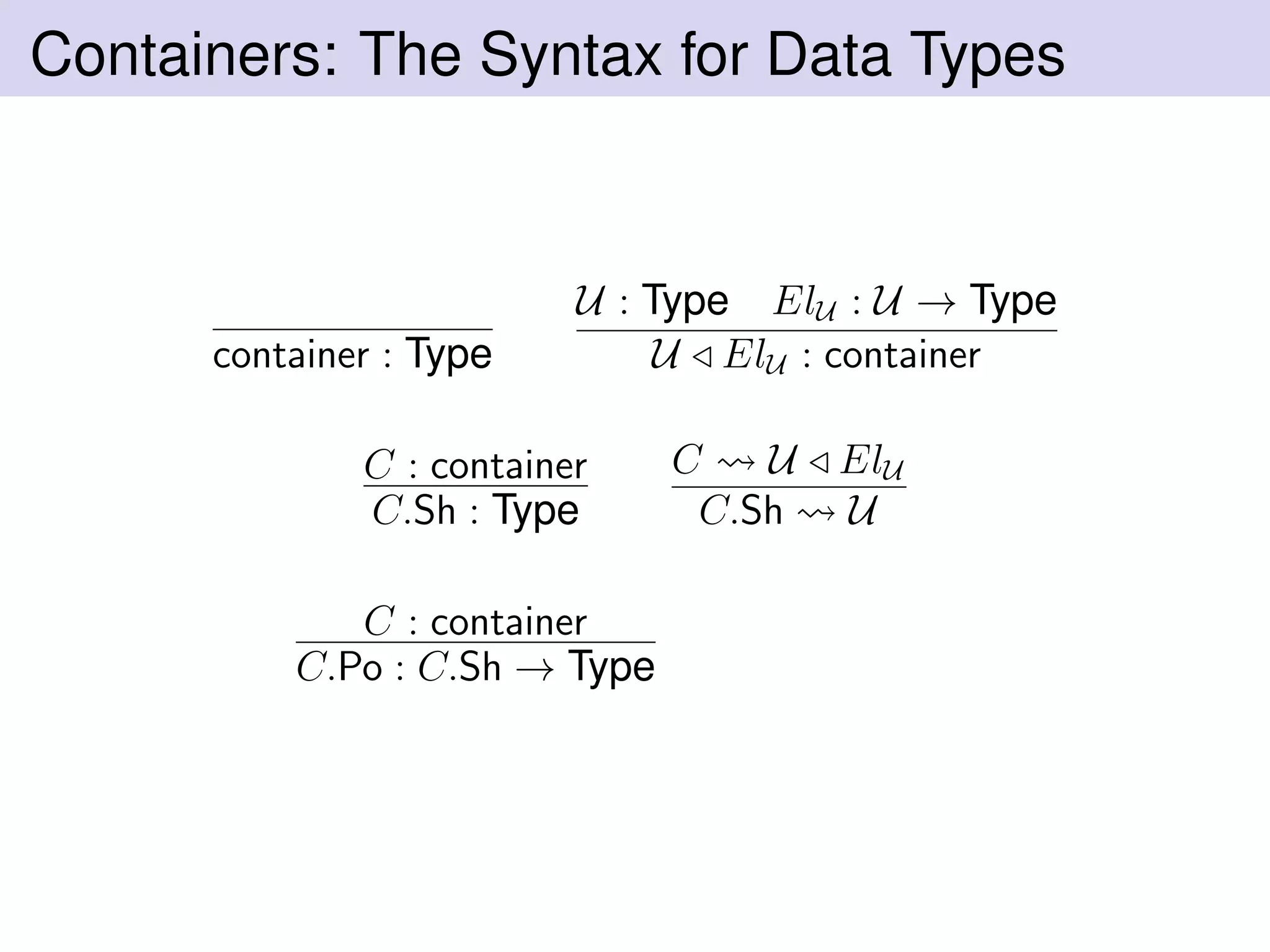 Containers: The Syntax for Data Types
container : Type
U : Type ElU : U → Type
U ElU : container
C : container
C.Sh : Type
C U ElU
C.Sh U
C : container
C.Po : C.Sh → Type
 