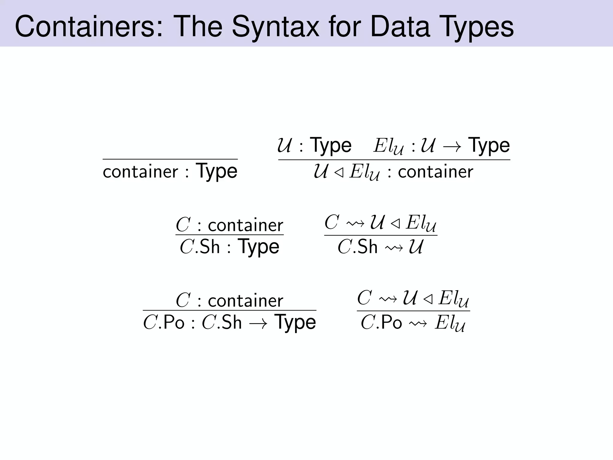 Containers: The Syntax for Data Types
container : Type
U : Type ElU : U → Type
U ElU : container
C : container
C.Sh : Type
C U ElU
C.Sh U
C : container
C.Po : C.Sh → Type
C U ElU
C.Po ElU
 