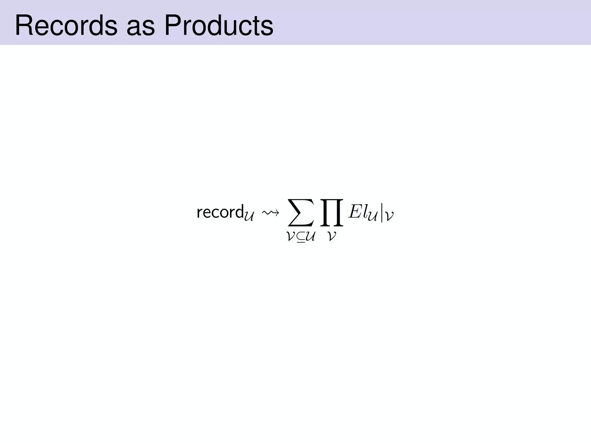 Records as Products
recordU
V⊆U V
ElU |V
 