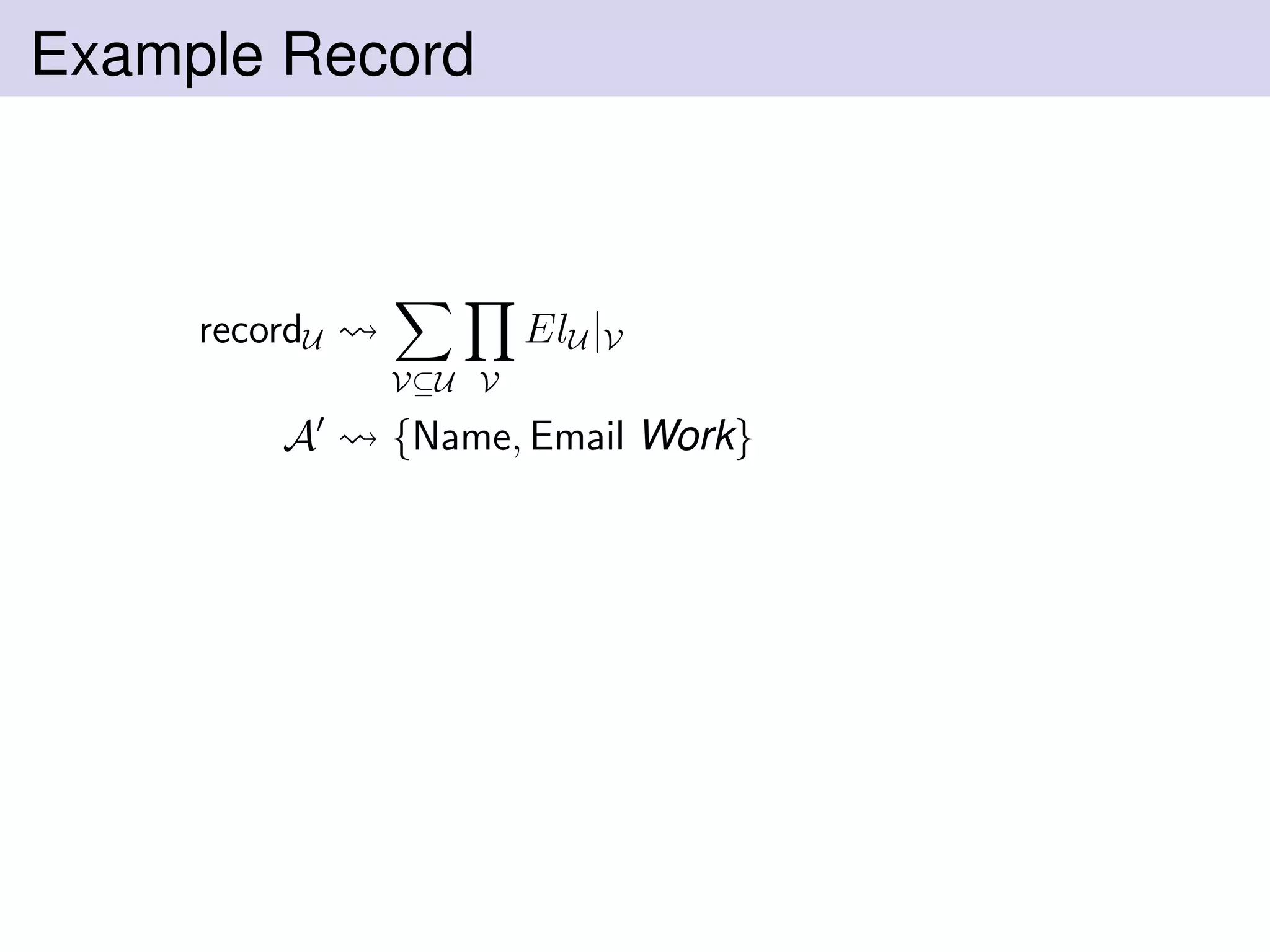 Example Record
recordU
V⊆U V
ElU |V
A {Name, Email Work}
 