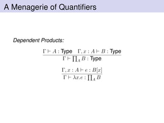 A Menagerie of Quantiﬁers
Dependent Products:
Γ A : Type Γ, x : A B : Type
Γ A B : Type
Γ, x : A e : B[x]
Γ λx.e : A B
 