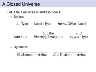 A Closed Universe
Let A be a universe of address books:
Statics:
A : Type Label : Type Home, Ofﬁce : Label
Name : A
: Label
Phone[ ], Email[ ] : A
s : A
ElA(s) : Type
Dynamics:
ElA(Name) string ElA(Email[ ]) string
 
