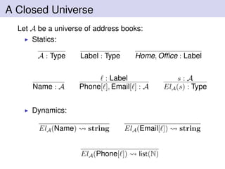 A Closed Universe
Let A be a universe of address books:
Statics:
A : Type Label : Type Home, Ofﬁce : Label
Name : A
: Label
Phone[ ], Email[ ] : A
s : A
ElA(s) : Type
Dynamics:
ElA(Name) string ElA(Email[ ]) string
ElA(Phone[ ]) list(N)
 