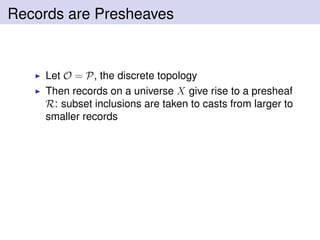 Records are Presheaves
Let O = P, the discrete topology
Then records on a universe X give rise to a presheaf
R: subset inclusions are taken to casts from larger to
smaller records
 