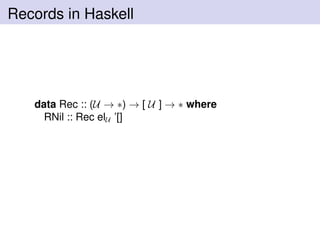 Records in Haskell
data Rec :: (U → ∗) → [ U ] → ∗ where
RNil :: Rec elU ’[]
 