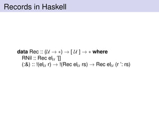Records in Haskell
data Rec :: (U → ∗) → [ U ] → ∗ where
RNil :: Rec elU ’[]
(:&) :: !(elU r) → !(Rec elU rs) → Rec elU (r ’: rs)
 