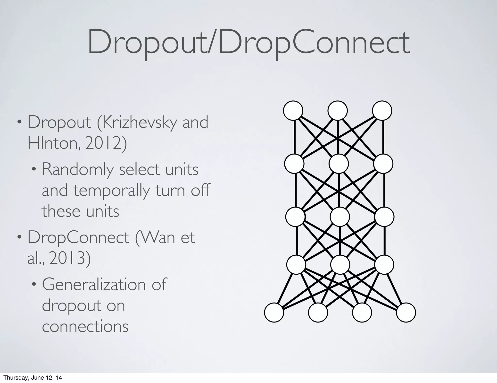 Dropout/DropConnect
• Dropout (Krizhevsky and
HInton, 2012)
• Randomly select units
and temporally turn off
these units
• DropConnect (Wan et
al., 2013)
• Generalization of
dropout on
connections
Thursday, June 12, 14
 