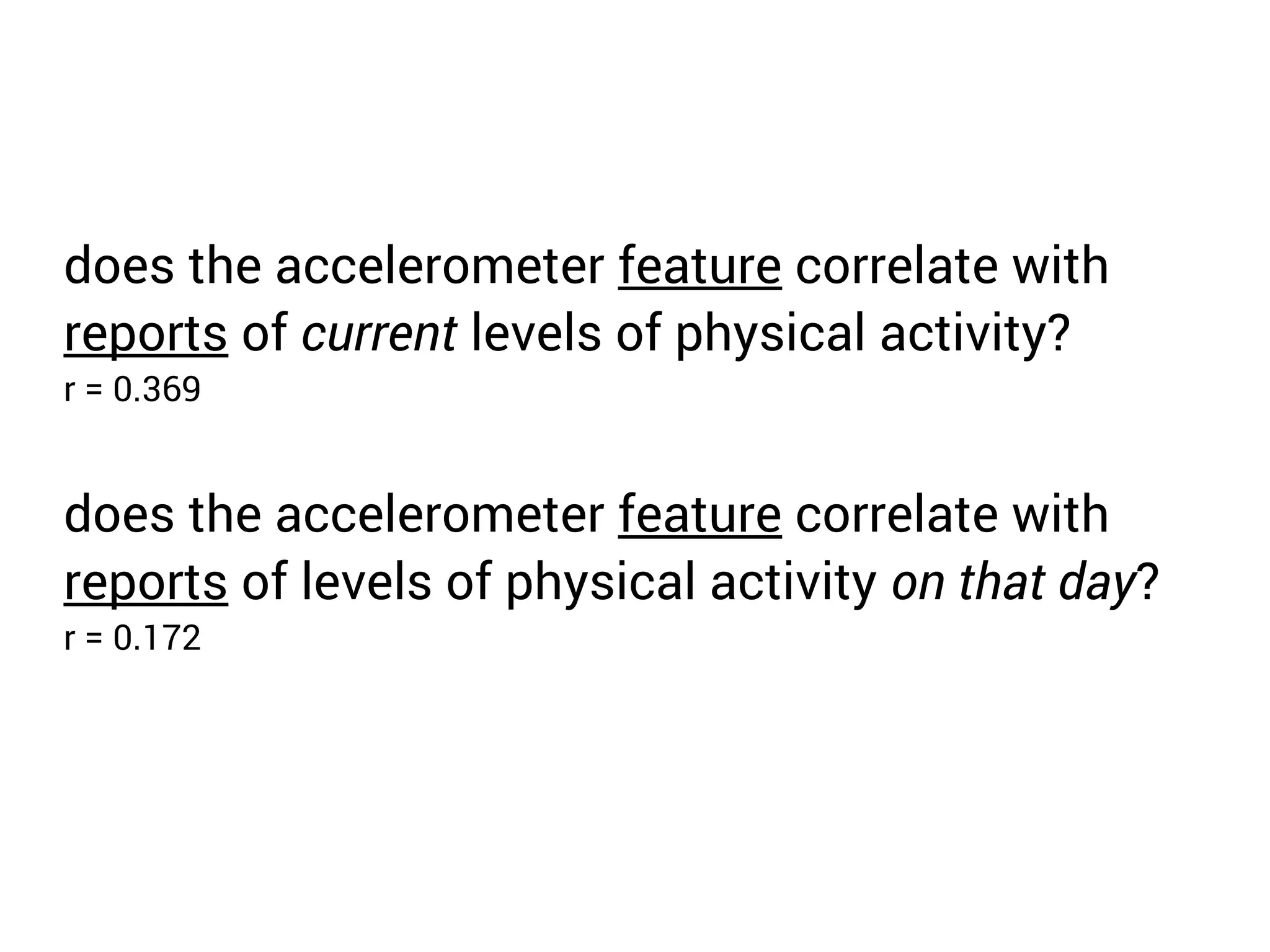 does the accelerometer feature correlate with 
reports of current levels of physical activity? 
r = 0.369 
does the accelerometer feature correlate with 
reports of levels of physical activity on that day? 
r = 0.172 
 