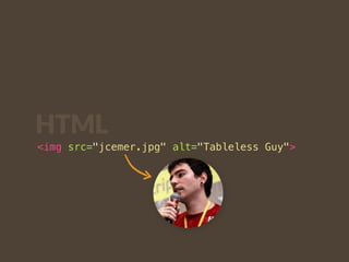 HTML 
<img src="jcemer.jpg" alt="Tableless Guy"> 
 