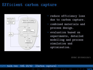 Efficient carbon capture
Identification
of solvent or
nanoporous
material
Detailed
process modelling
Try
again
Process
integration
Molecular modelling
and/or experiments
Done
Yes
Yes
Yes
No
No
No
Evaluation
- reduce efficiency loss
due to carbon capture.
- combined materials and
process design.
- evaluation based on
experiments, detailed
modelling and process
simulation and
optimisation.
EPSRC EP/G062129/1
–:–- talk.tex 54% 23/42 [Carbon capture] --------------------------
<[ ]> <[[]]> <**> < ** > «» < ? >
 