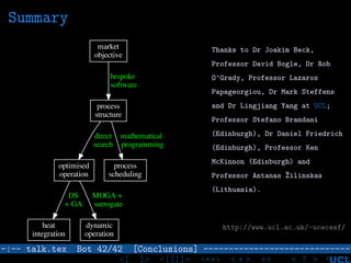 Summary
market
objective
process
structure
bespoke
software
optimised
operation
direct
search
process
scheduling
mathematical
programming
heat
integration
DS
+ GA
dynamic
operation
MOGA +
surrogate
Thanks to Dr Joakim Beck,
Professor David Bogle, Dr Rob
O’Grady, Professor Lazaros
Papageorgiou, Dr Mark Steffens
and Dr Lingjiang Yang at UCL;
Professor Stefano Brandani
(Edinburgh), Dr Daniel Friedrich
(Edinburgh), Professor Ken
McKinnon (Edinburgh) and
Professor Antanas ˘Zilinskas
(Lithuania).
http://www.ucl.ac.uk/~ucecesf/
–:–- talk.tex Bot 42/42 [Conclusions] -----------------------------
<[ ]> <[[]]> <**> < ** > «» < ? >
 