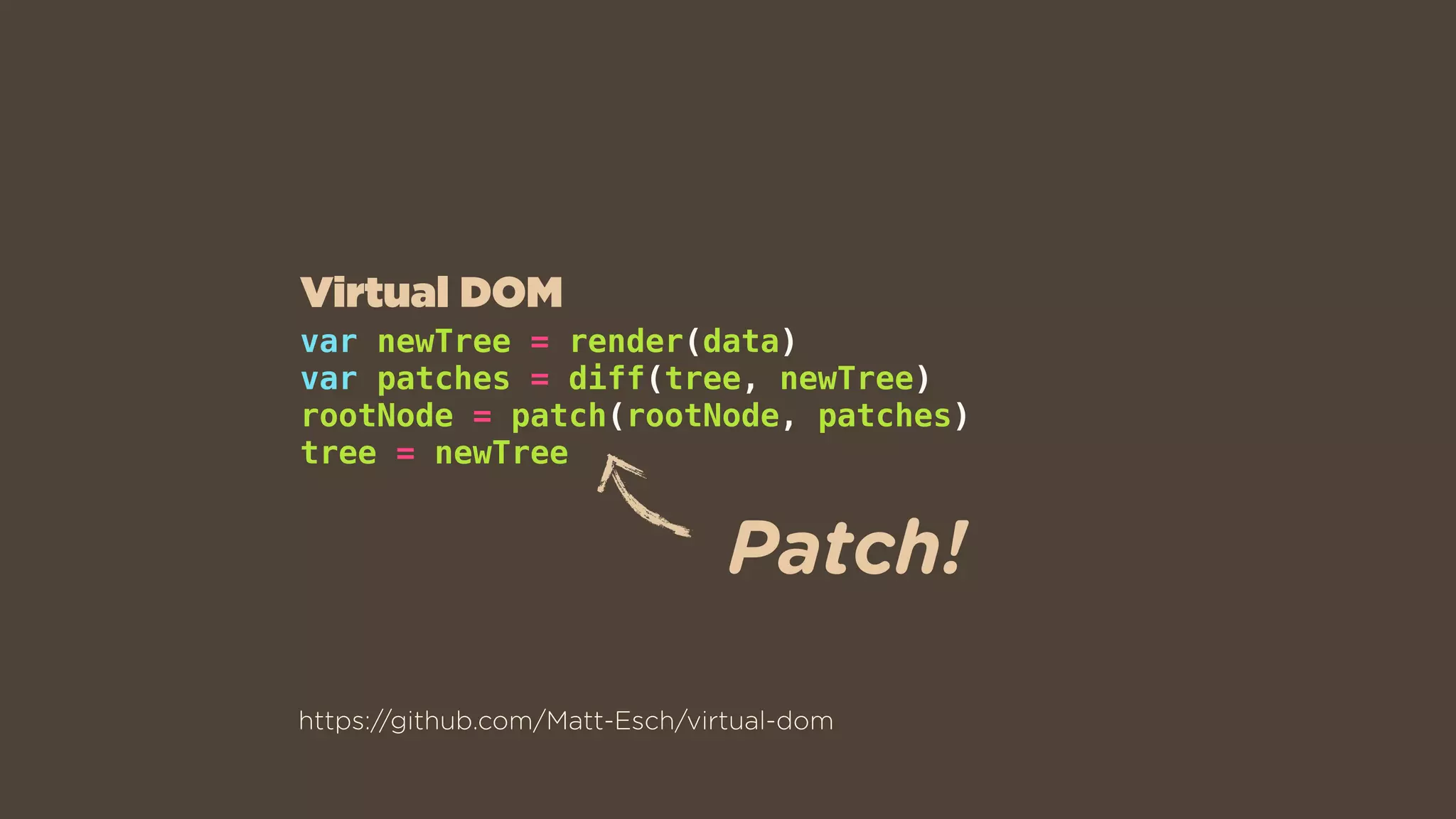 var newTree = render(data)
var patches = diff(tree, newTree)
rootNode = patch(rootNode, patches)
tree = newTree
Patch!
Virtual DOM
https://github.com/Matt-Esch/virtual-dom
 