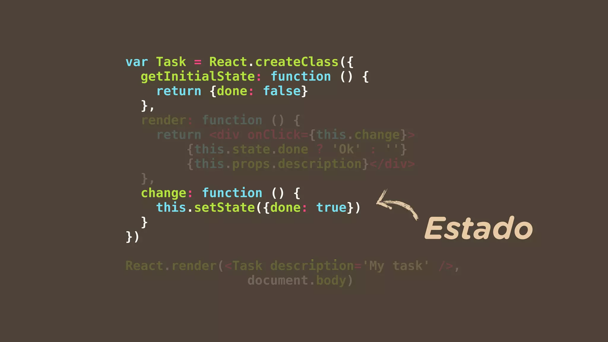 var Task = React.createClass({
getInitialState: function () {
return {done: false}
},
render: function () {
return <div onClick={this.change}>
{this.state.done ? 'Ok' : ''}
{this.props.description}</div>
},
change: function () {
this.setState({done: true})
}
})
React.render(<Task description='My task' />,
document.body)
Estado
 