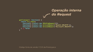 getTransport: function() {
return Try.these(
function() {return new XMLHttpRequest()},
function() {return new ActiveXObject('Msxml2.XMLHTTP')},
function() {return new ActiveXObject('Microsoft.XMLHTTP')}
) || false
}
Código fonte da versão 1.7.2.0 da Prototype.js
Operação interna
do Request
 
